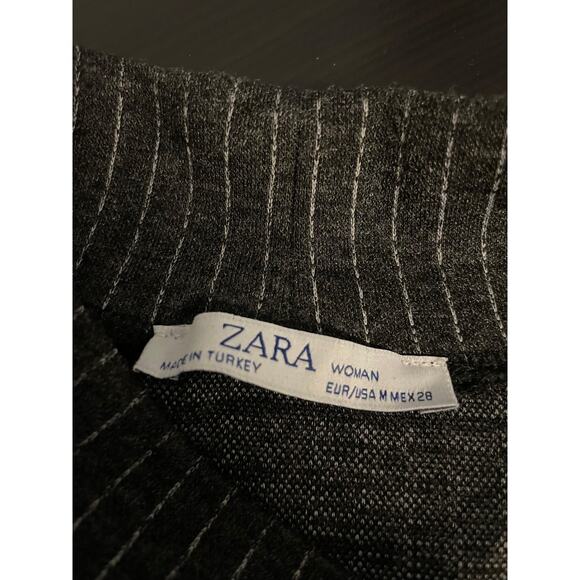 Zara Dress Womens Medium Gray Pinstripe Mock Neck Short Sleeve Pockets Stretch - Picture 3 of 8